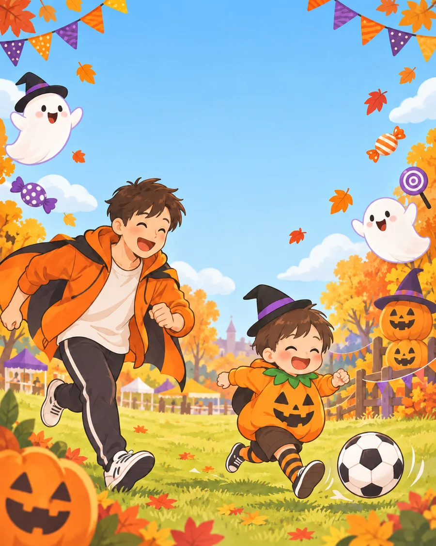 秋のグラウンドで親子が一緒にサッカーボールを蹴るハロウィンのイラスト